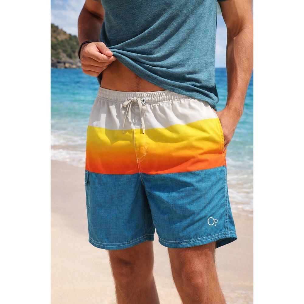 OP Ocean Pacific Swim Trunks XL 40-42 Blue Yellow Orange Colorblock Mesh Lined B